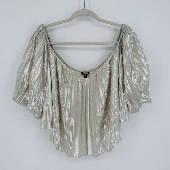 Express Metallic Off Shoulder Pleated Crop Top Champagne NWT Women Size L - Picture 4 of 13
